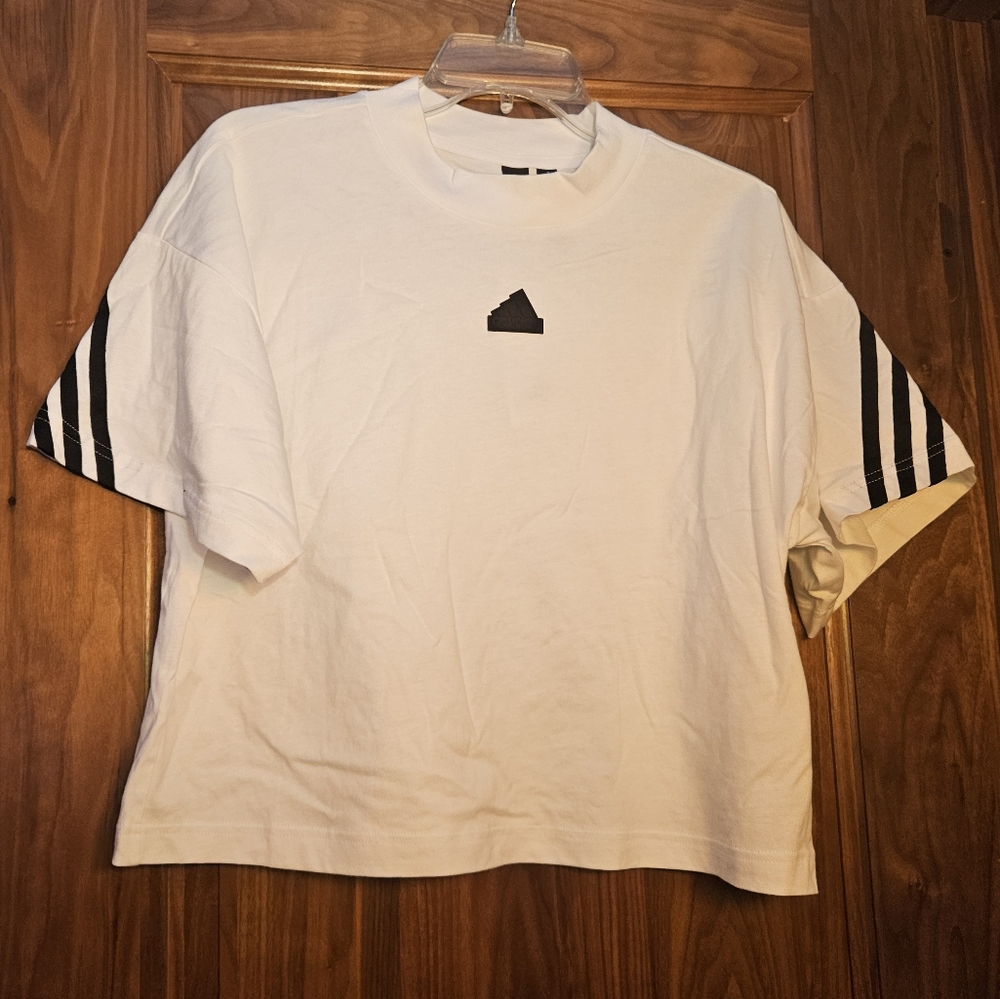 Brand New Adidas Womens Cropped 3 Striped White & Black Top